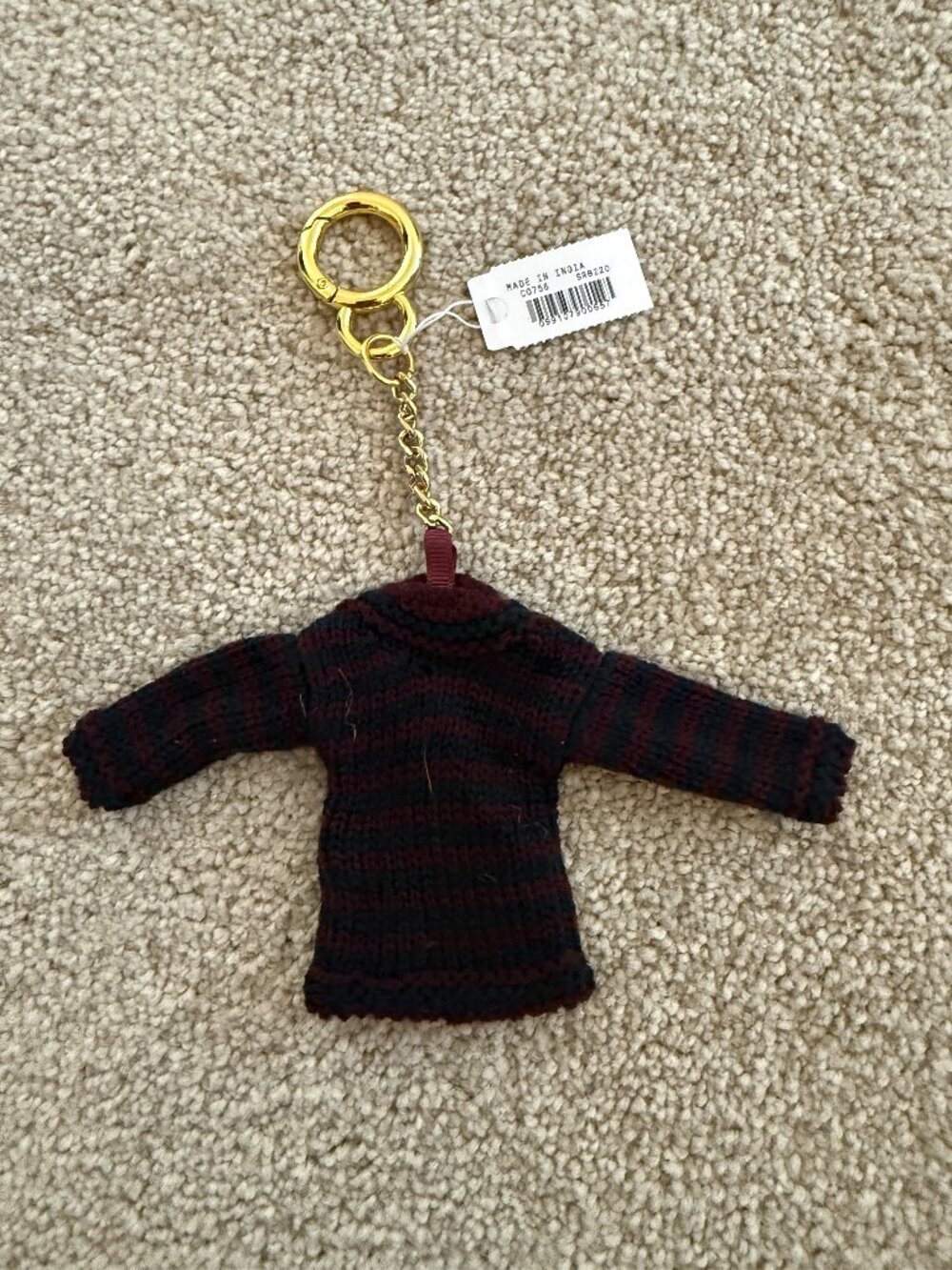 J.Crew Mini Striped Sweater Keychain Bag Charm Burgundy Black NWT